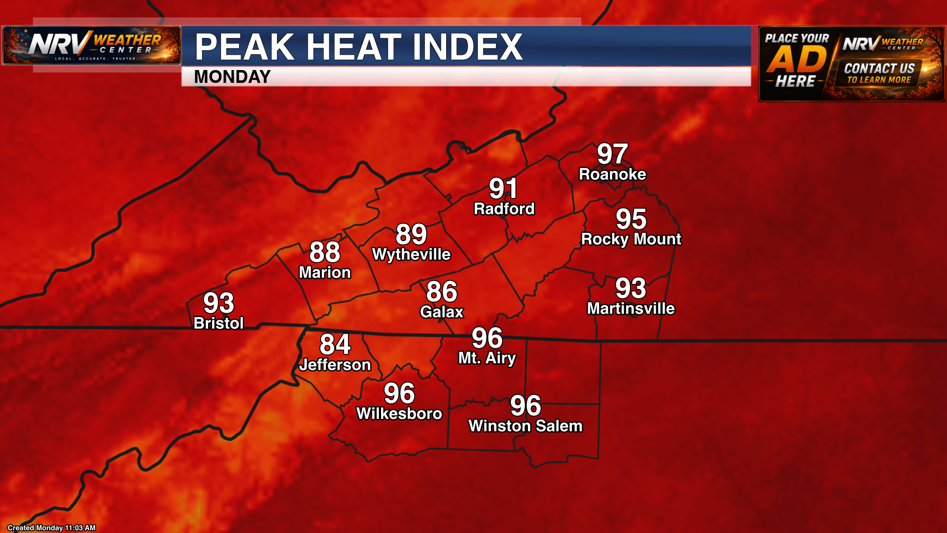 Forecast maximum heat index values for Tuesday
