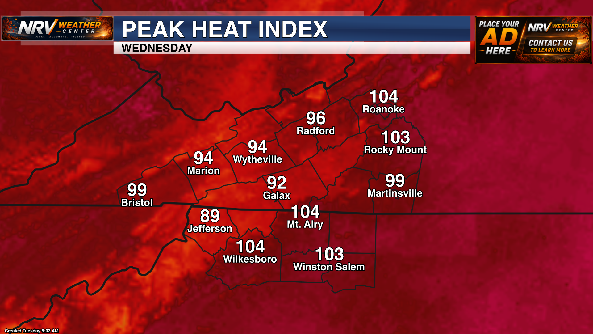 Forecast maximum heat index values for Wednesday