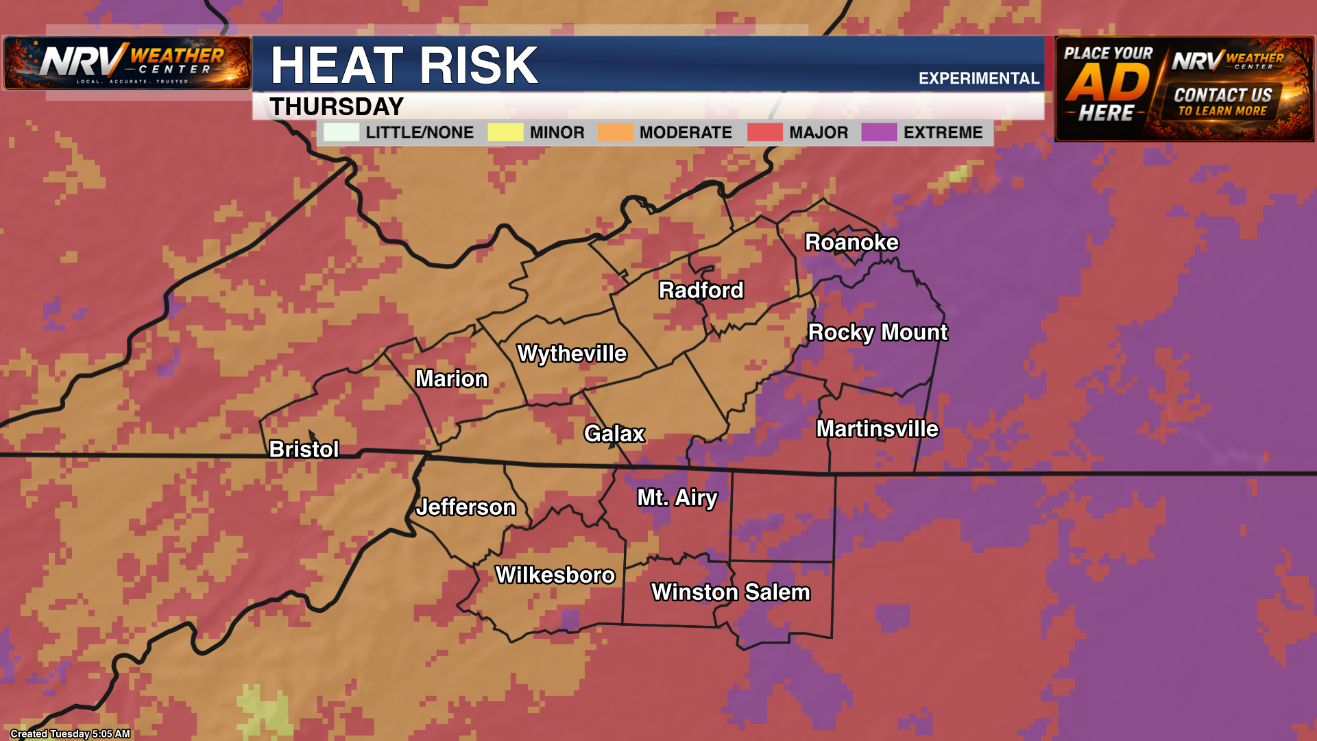 Heat risk forecast for Thursday