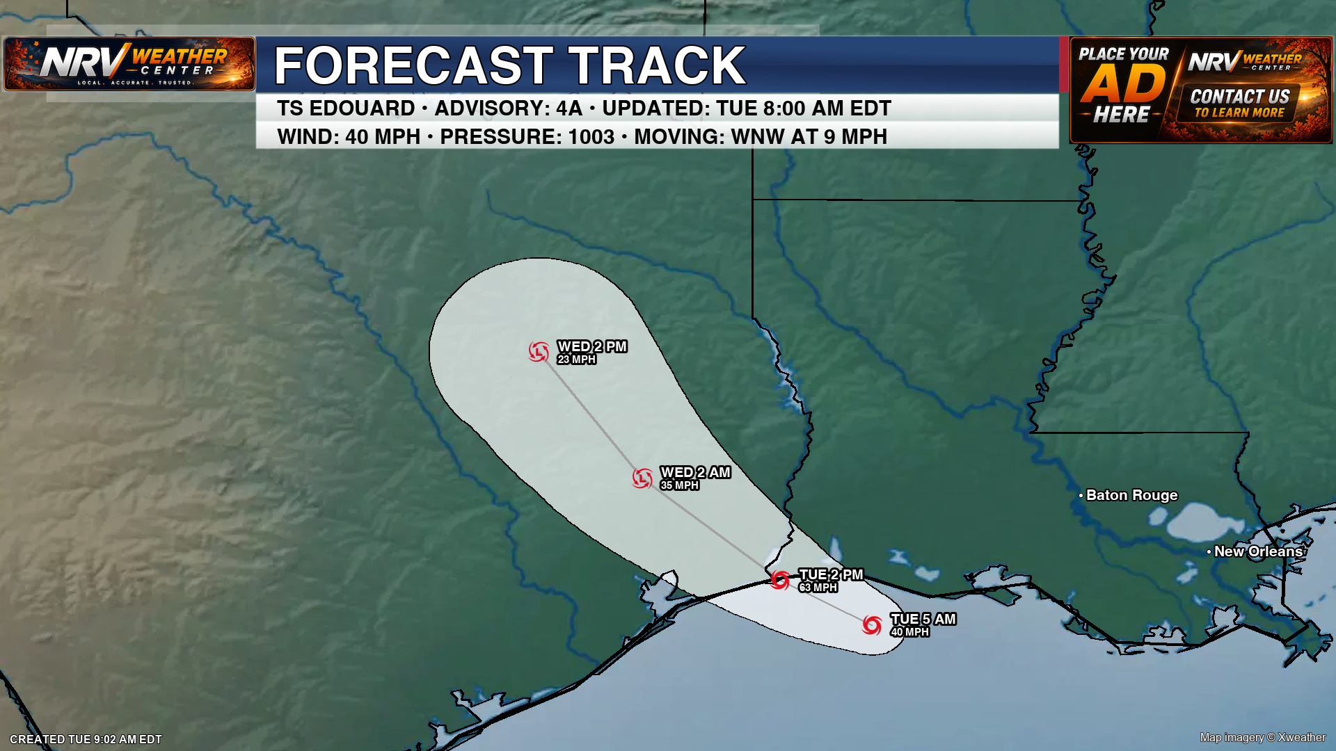 Tropical Storm Edouard approaching the Louisiana and Texas coasts