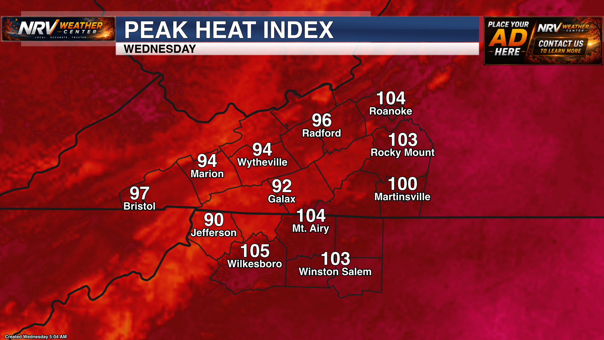 Forecast maximum heat index values for Wednesday across the region.