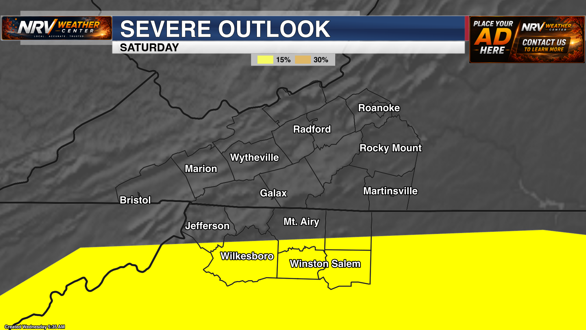 SPC severe-weather outlook for Saturday.