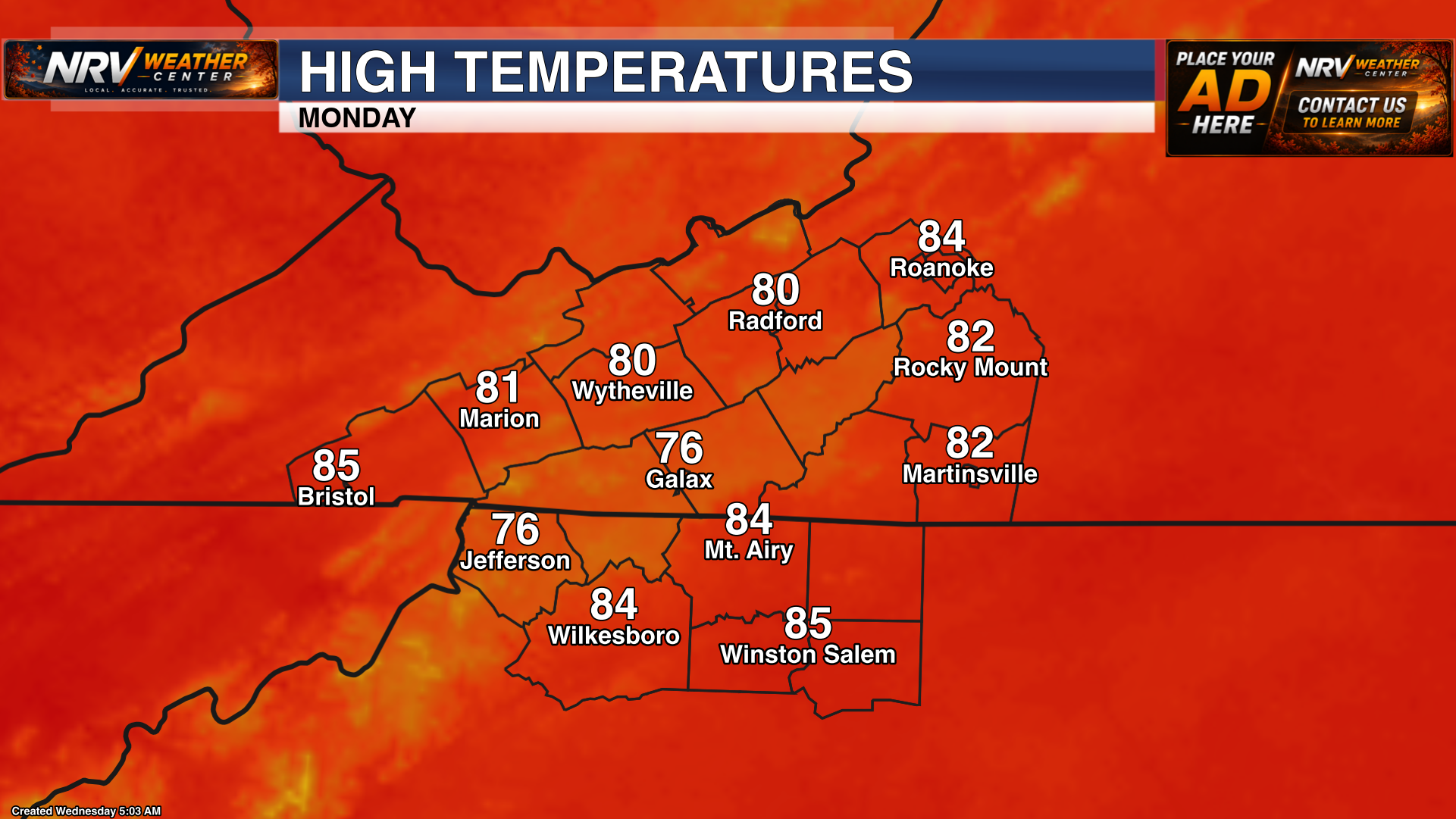 Forecast high temperatures for Monday, showing cooler weather returning.