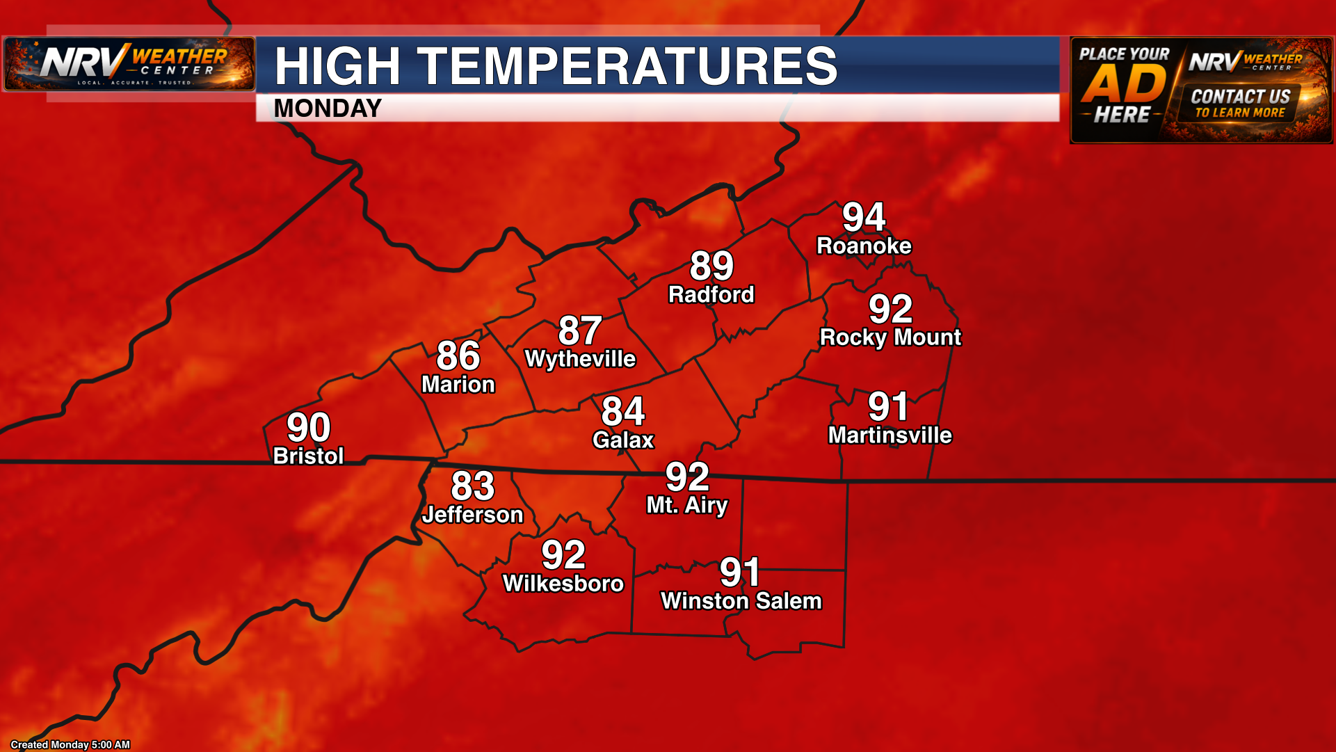Monday High Temperature Forecast
