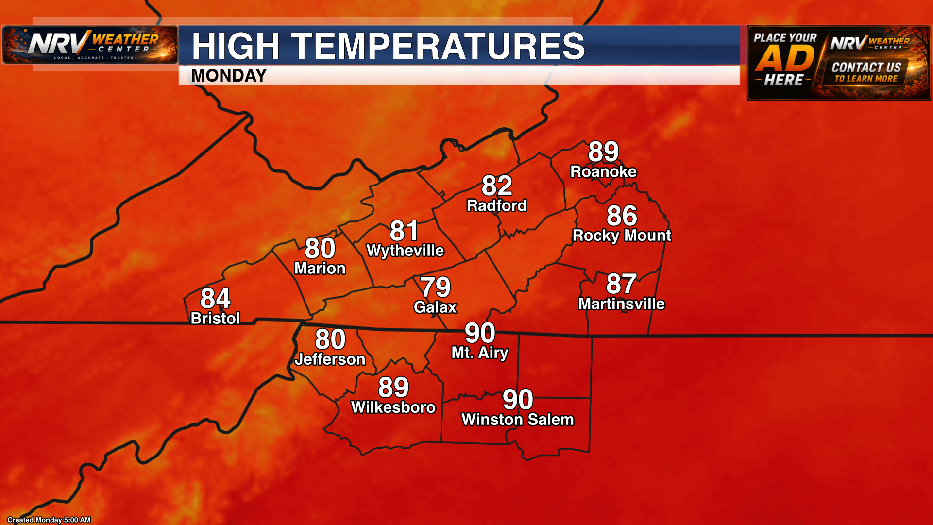 Forecast high temperatures for Monday across the region.