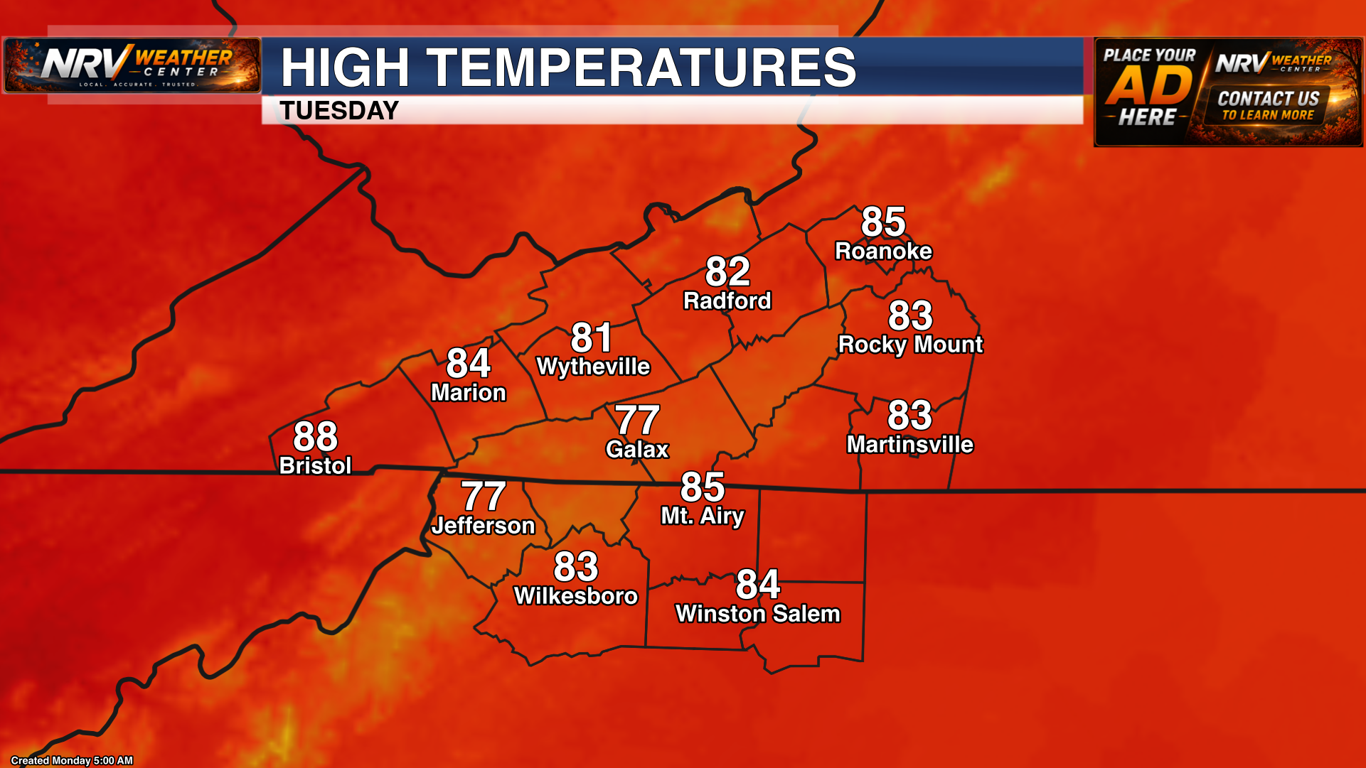 Forecast high temperatures for Tuesday across the region.