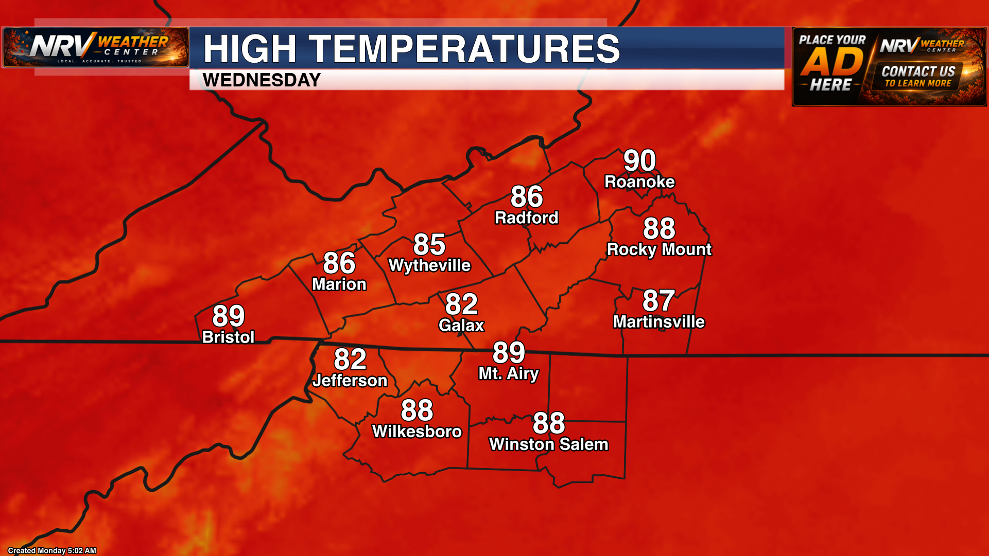 Forecast high temperatures for Wednesday across the region.