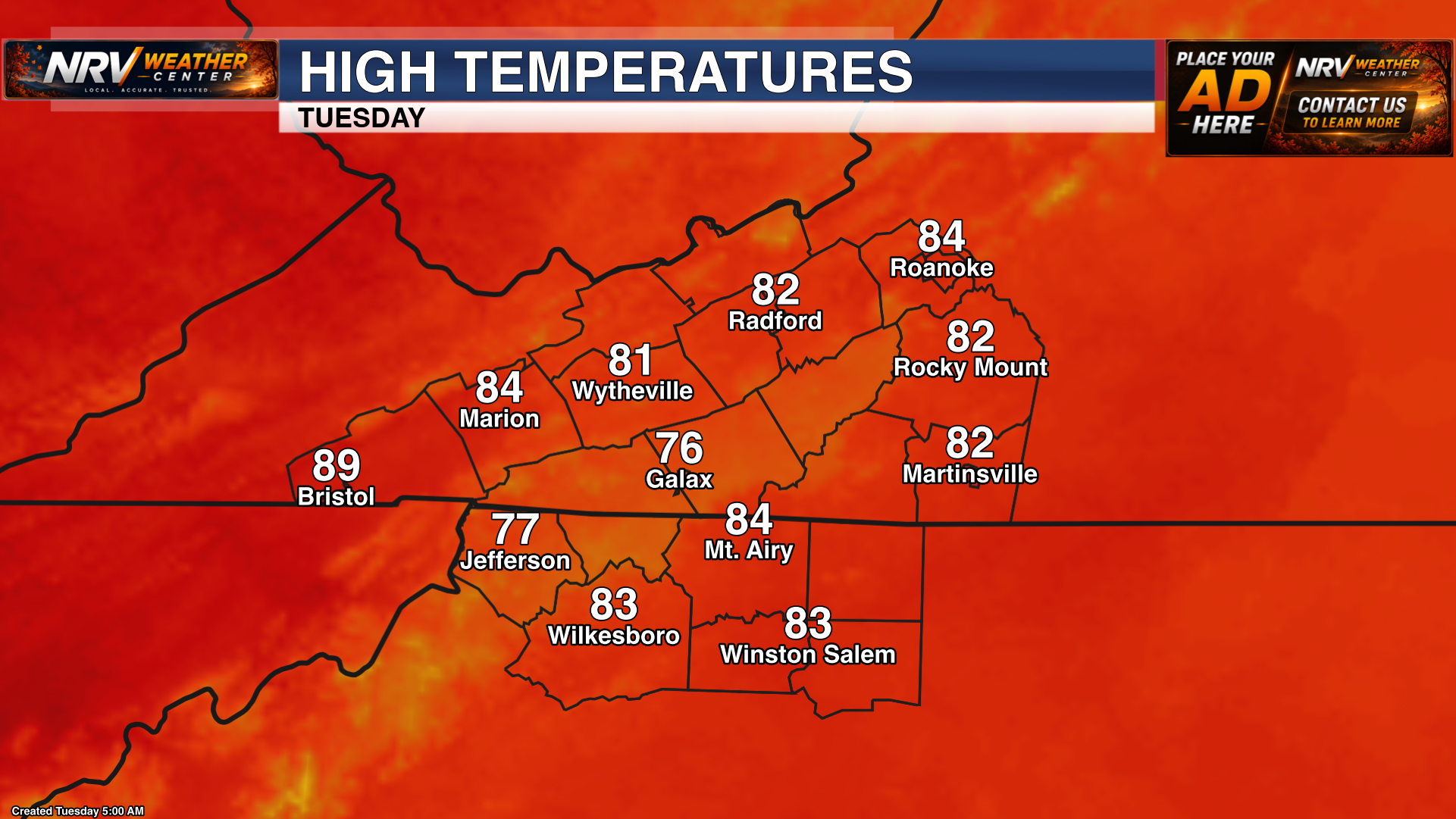 Forecast high temperatures for Tuesday across the region.