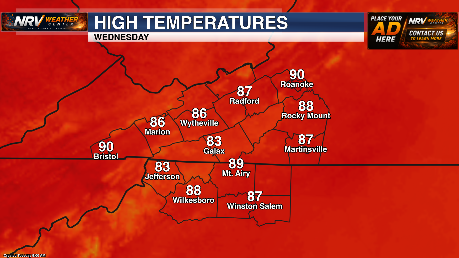 Forecast high temperatures for Wednesday across the region.