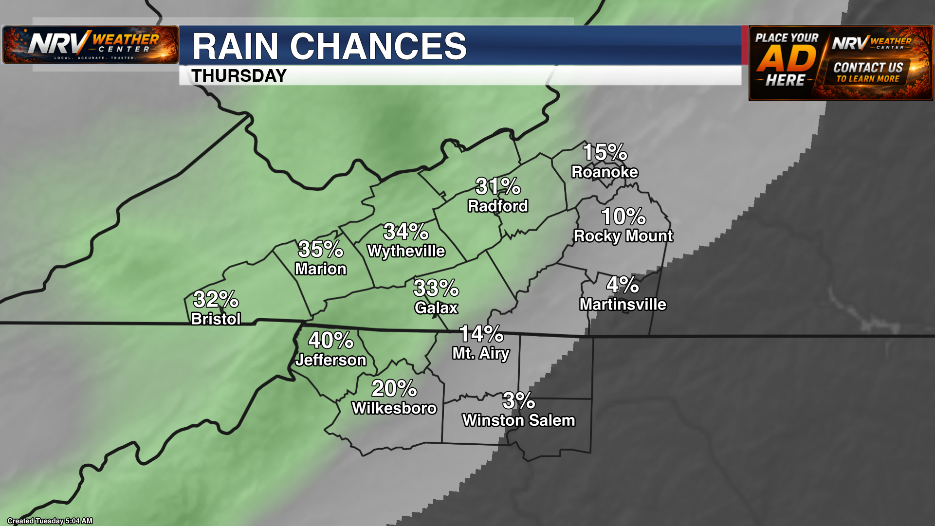 Forecast precipitation chances for Thursday across the region.