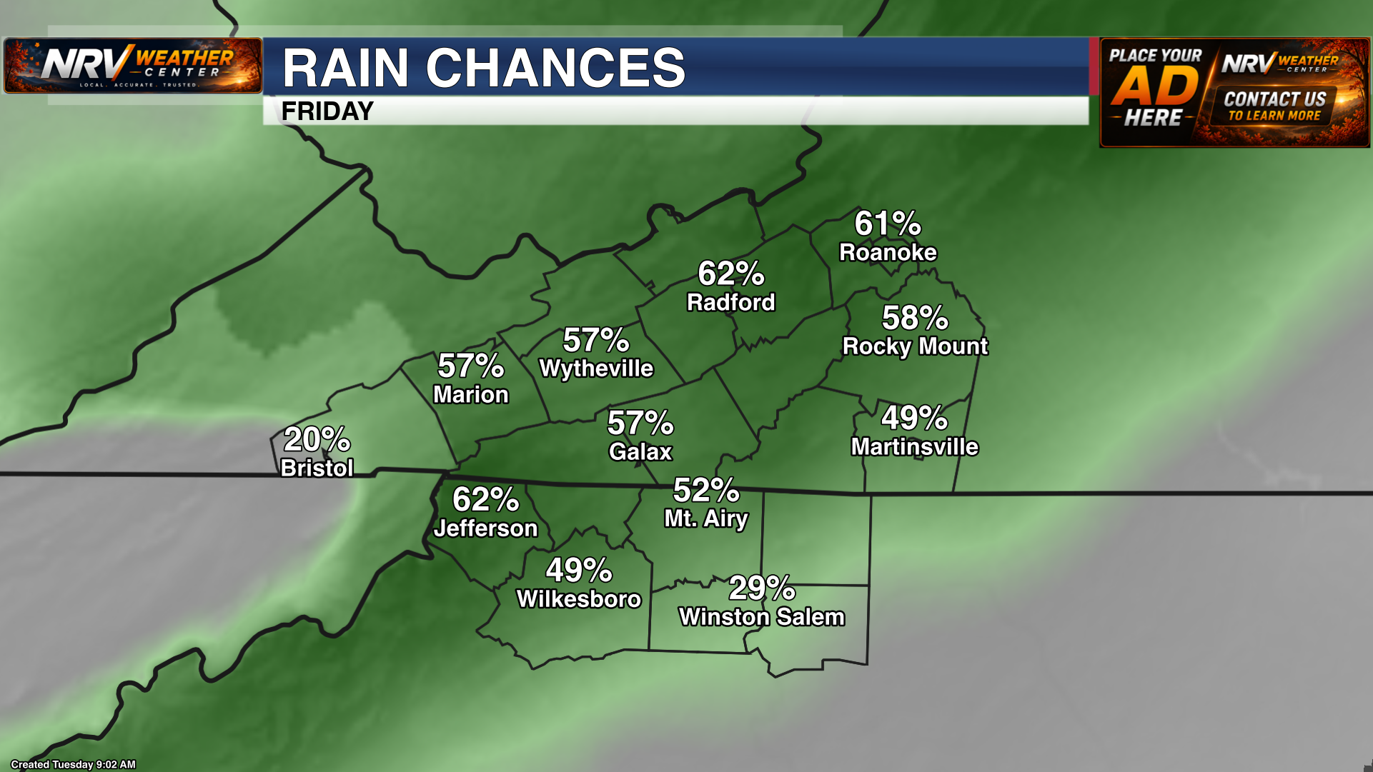 Forecast precipitation chances for Friday across the region.