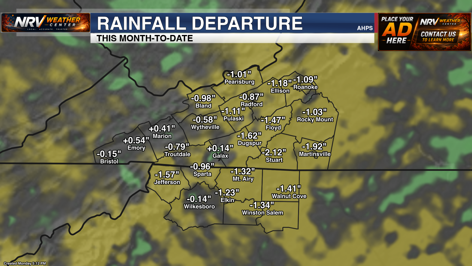 Month-to-date rainfall observations showing a one- to two-inch deficit across much of the region.