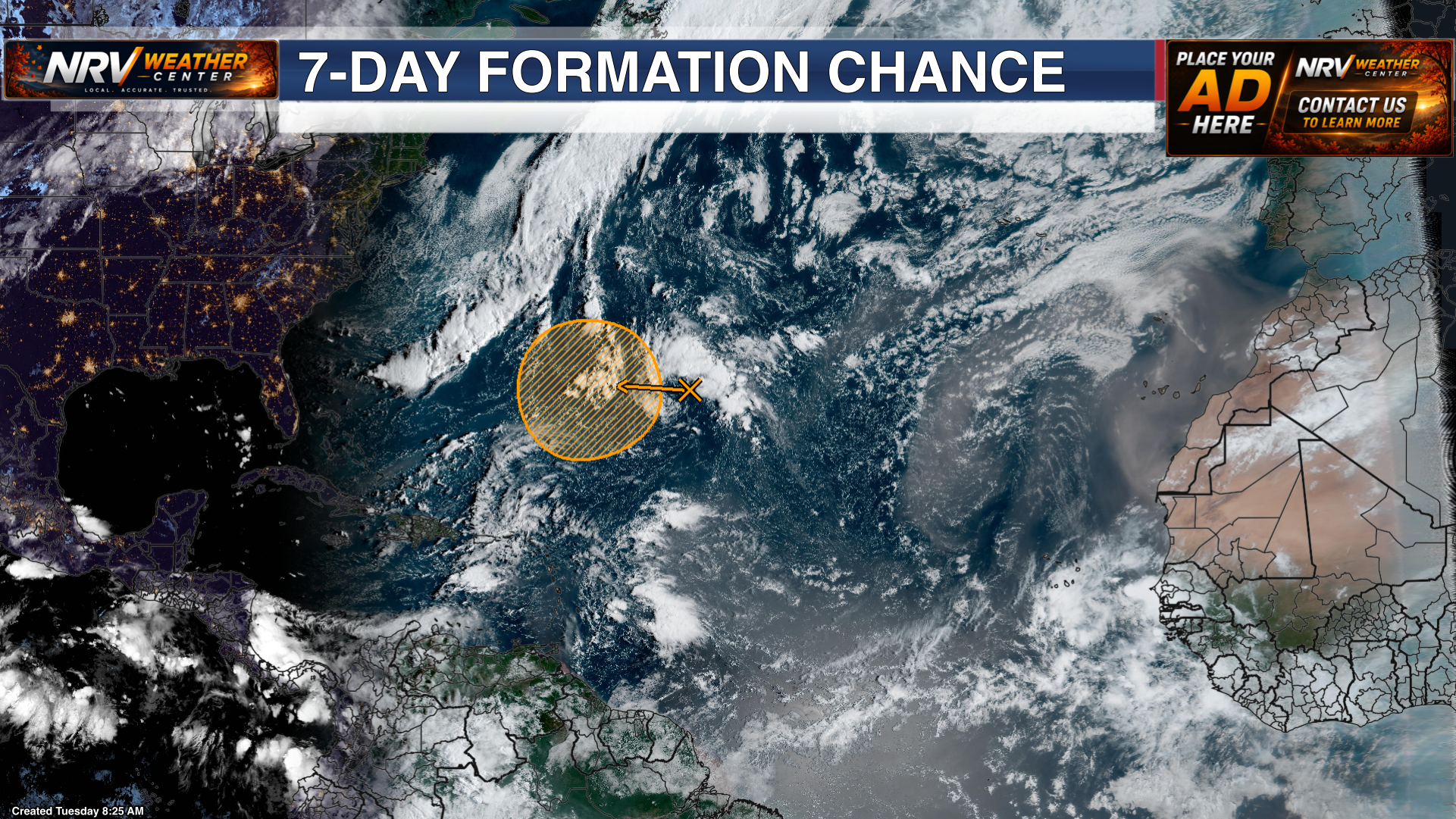 Atlantic tropical weather outlook highlighting a wave being monitored for possible development later this week.