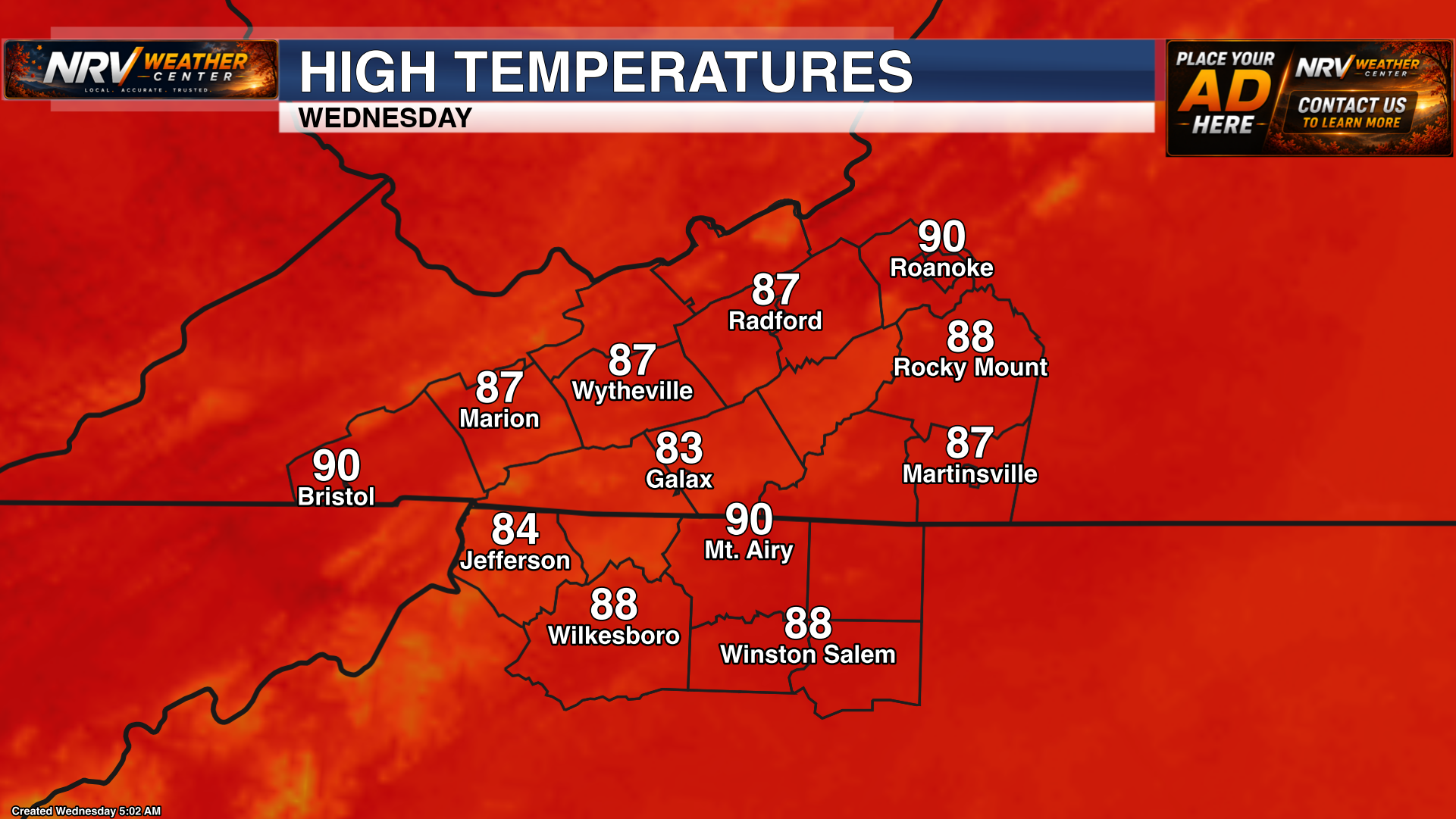 Forecast high temperatures for Wednesday across the region.