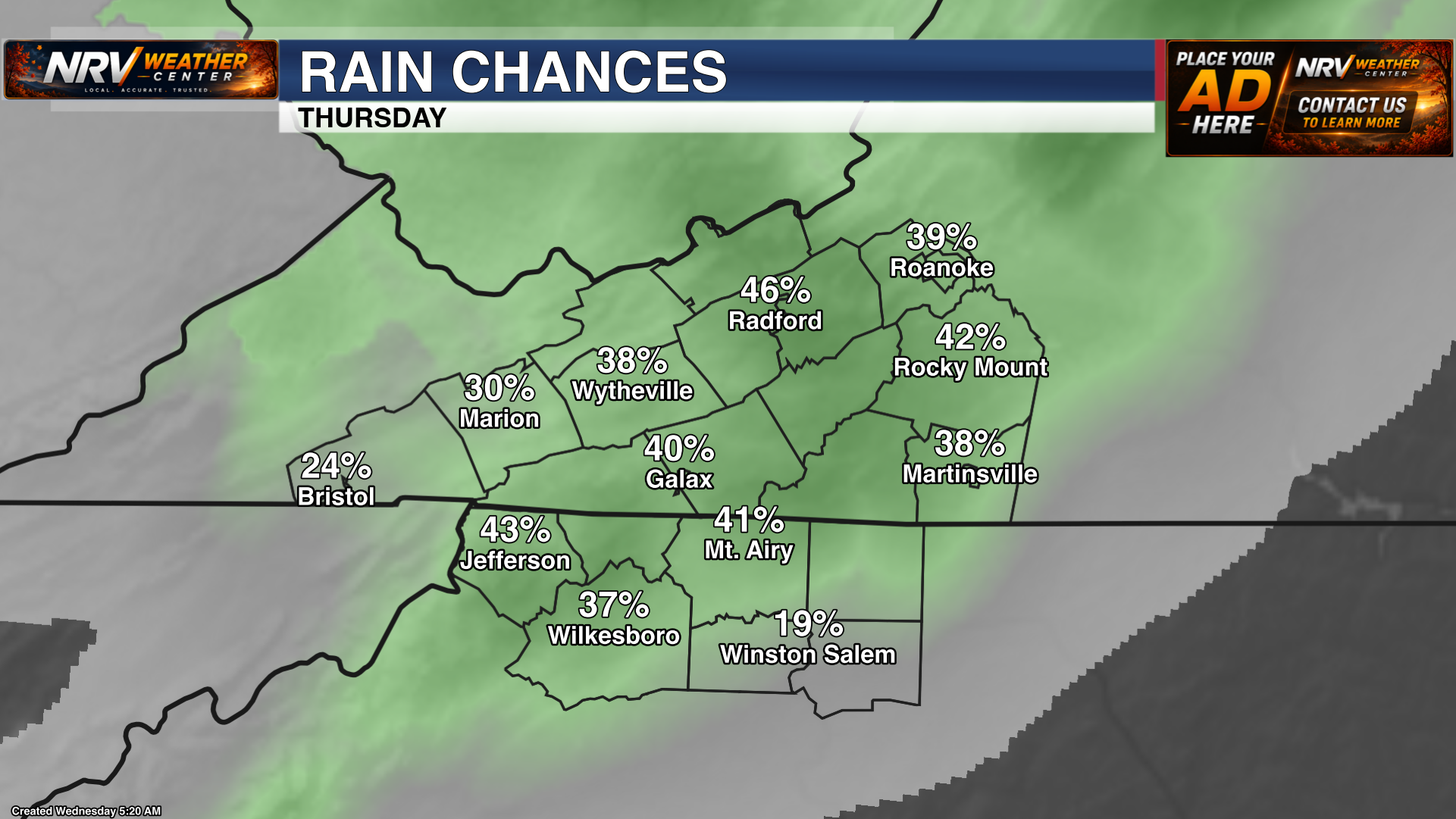 Forecast precipitation chances for Thursday across the region.