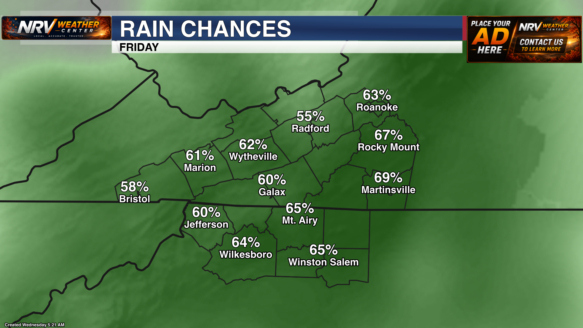 Forecast precipitation chances for Friday across the region.