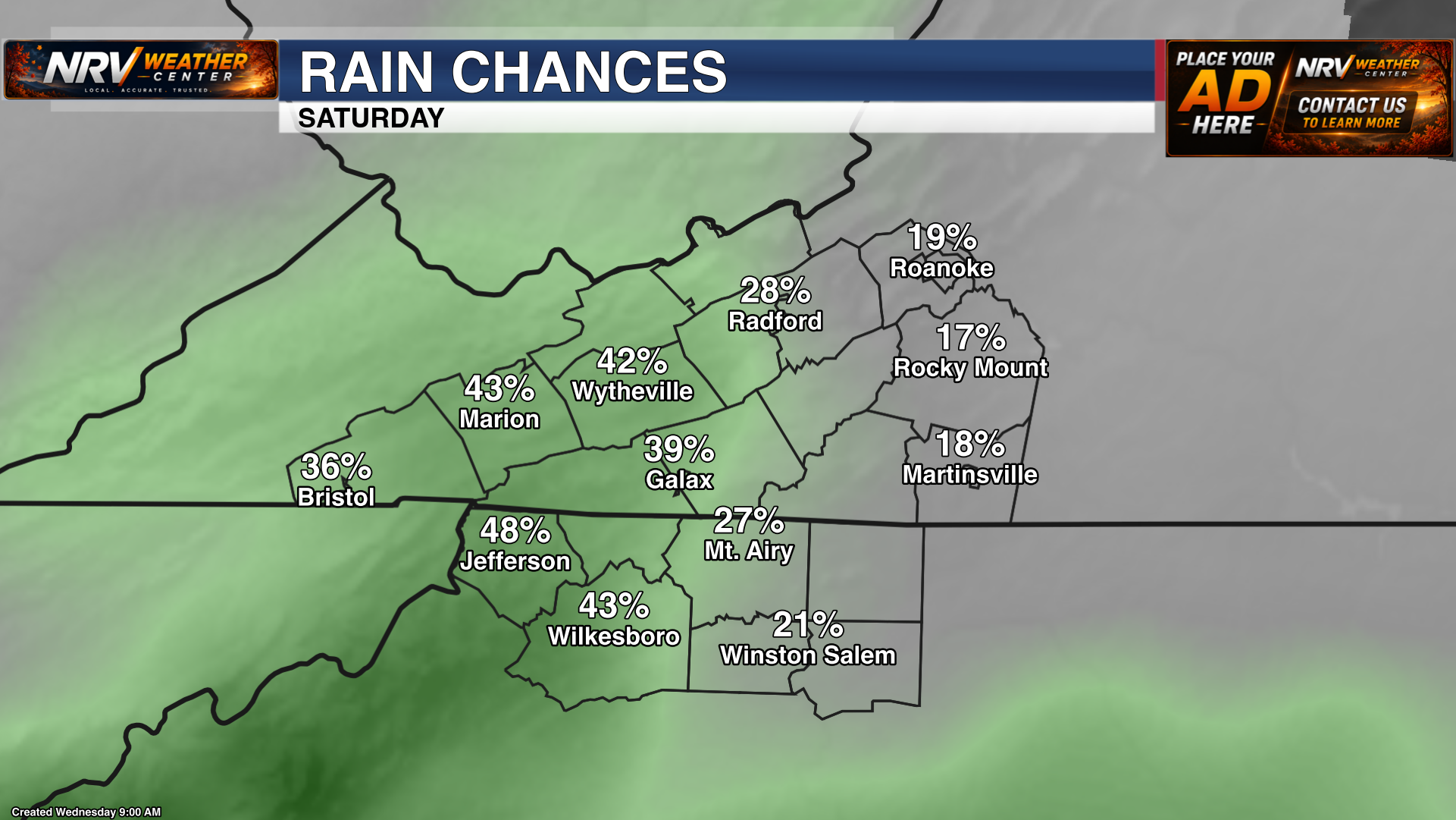 Forecast precipitation chances for the weekend across the region.