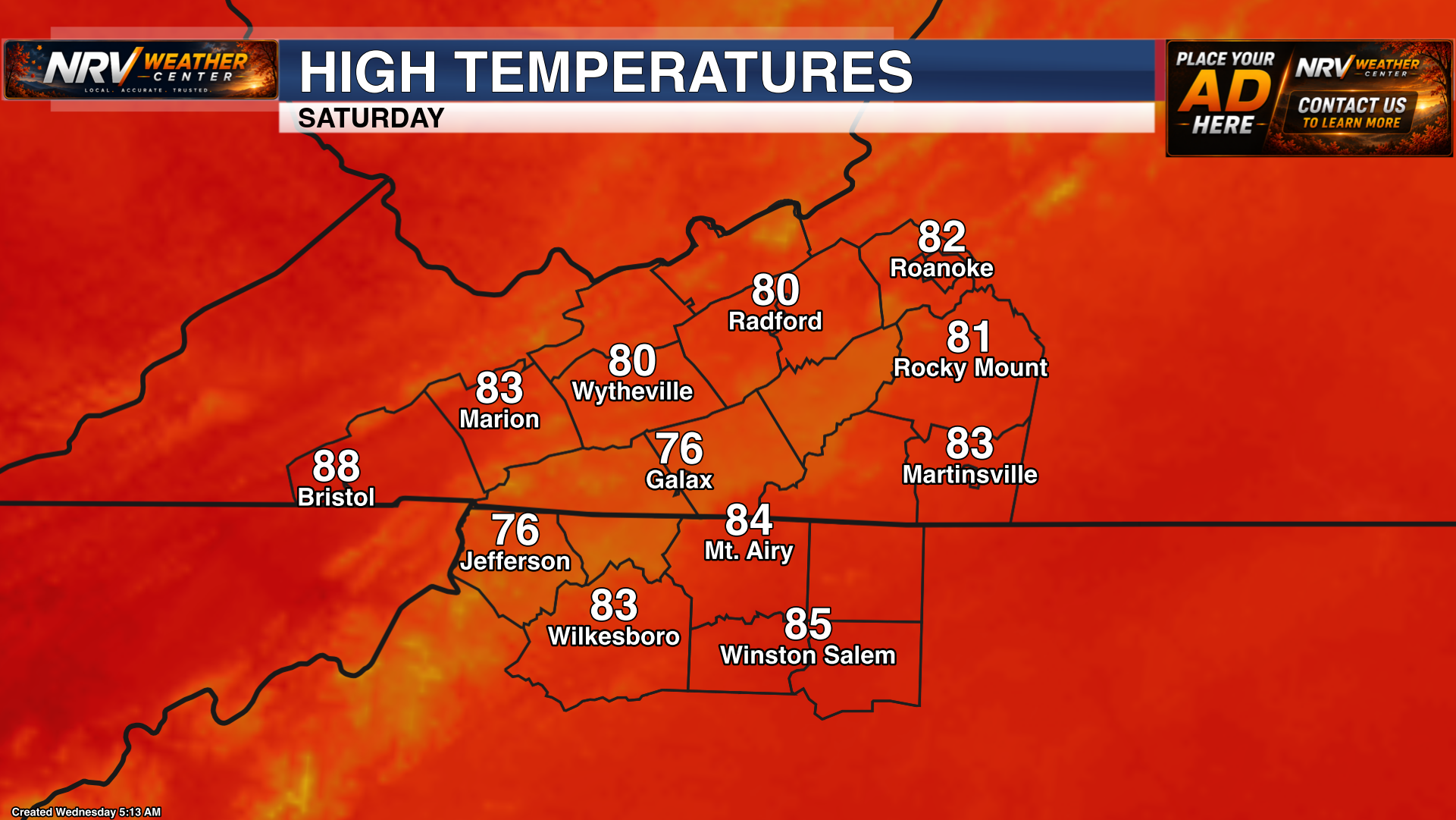 Weekend forecast temperatures showing slightly cooler conditions across the region.